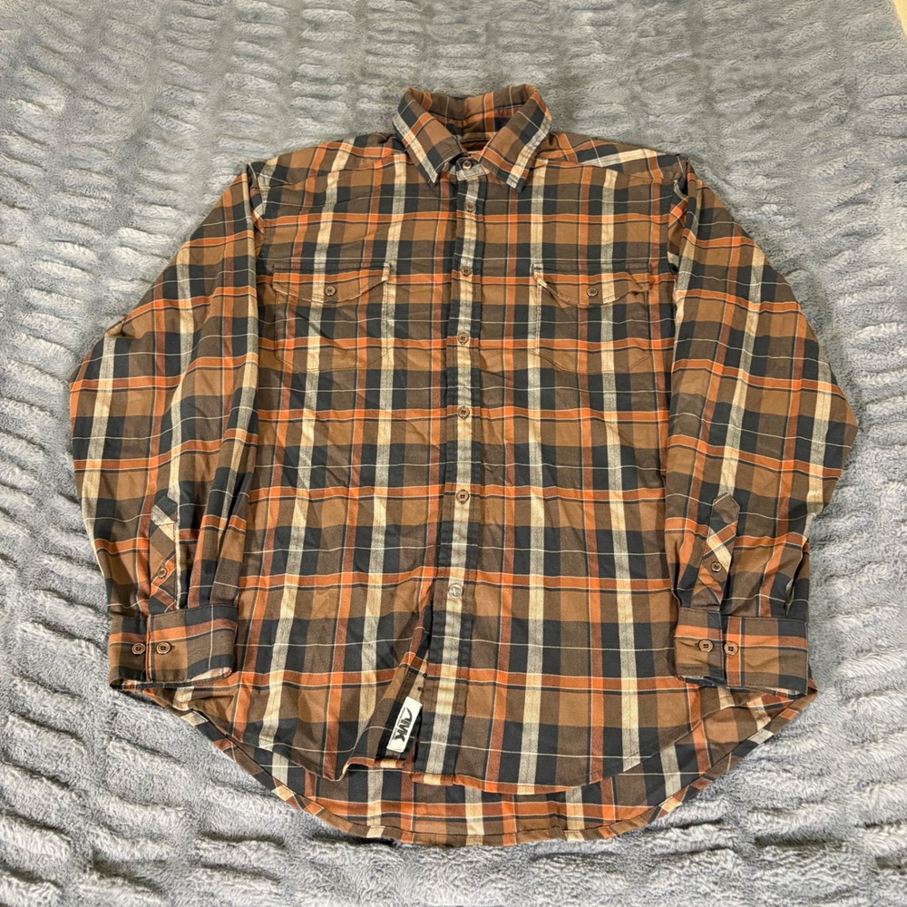 Mountain Khakis Mens Large Plaid Wool Blend Button Down Shirt Brown Orange AT080